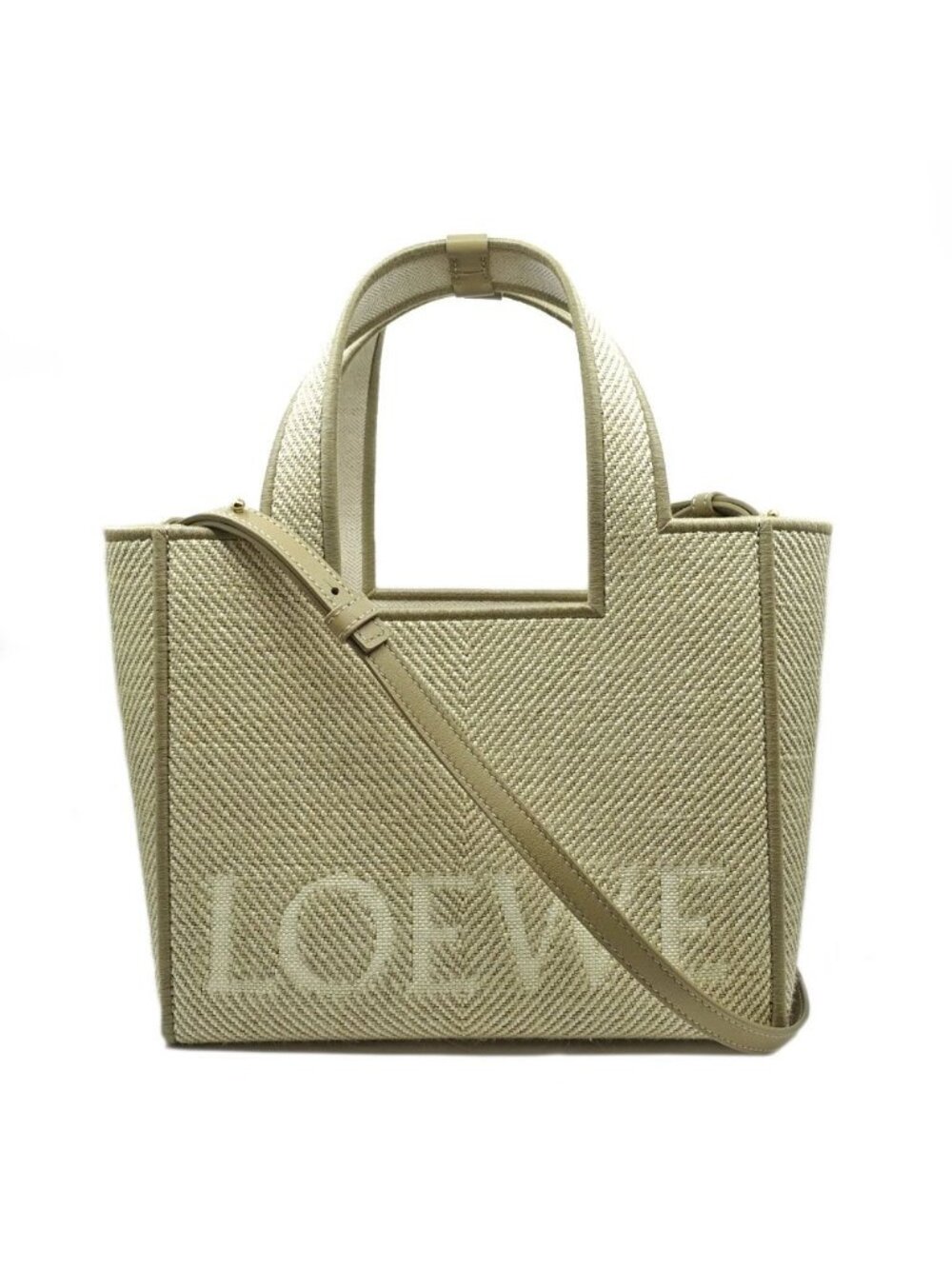 Loewe Font Tote Canvas 2-Way Shoulder Bag Beige Gold